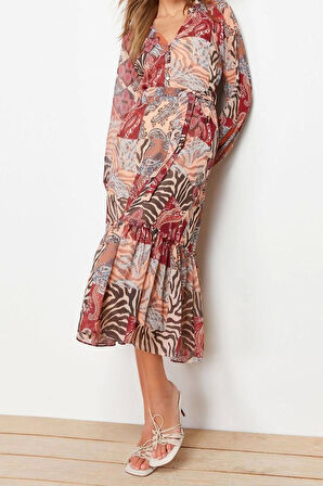 Yeni Regular Gündüz Gece Şifon Dokuma V Yaka Uzun Kol A-Line Midi Boy Elbise