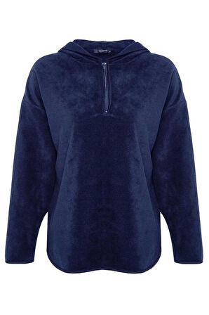 Kadın Moda Şık Bol Kapüşonlu Düşük Kol Uzun Kalın Polar ve Fermuarlı Geniş Kalıp Örme Sweatshirt