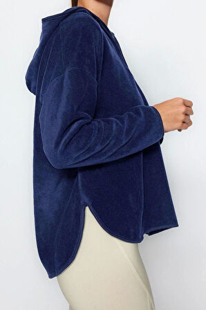 Kadın Moda Şık Bol Kapüşonlu Düşük Kol Uzun Kalın Polar ve Fermuarlı Geniş Kalıp Örme Sweatshirt