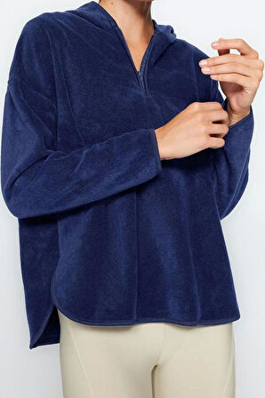 Kadın Moda Şık Bol Kapüşonlu Düşük Kol Uzun Kalın Polar ve Fermuarlı Geniş Kalıp Örme Sweatshirt