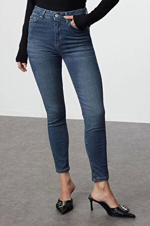 Kadın Moda Şık Kot Pantolon Dar Paça Regular Boy Denim Mavi Yüksek Bel Skinny Jeans