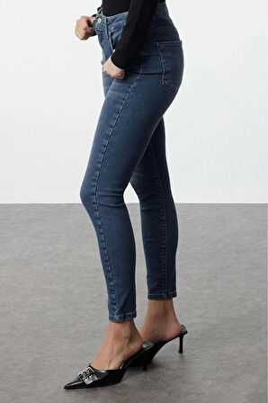 Kadın Moda Şık Kot Pantolon Dar Paça Regular Boy Denim Mavi Yüksek Bel Skinny Jeans