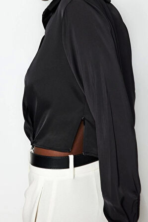Kadın Moda Şık Üst Giyim Crop Gömlek Yaka Regular Kalıp Dokuma Saten Bluz