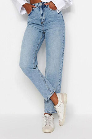 Kadın Moda Şık Kot Pantolon Dar Paça Regular Boy Denim Beyaz Yüksek Bel Mom Jeans