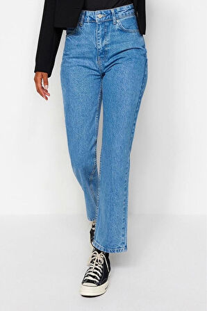 Kadın Moda Şık Kot Pantolon Geniş Paça Uzun Boy Denim Yüksek Bel Straight Jeans