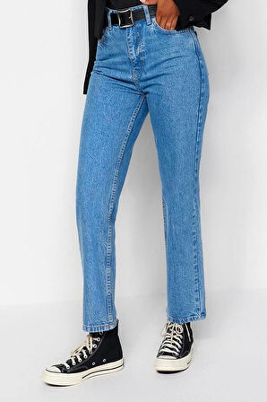 Kadın Moda Şık Kot Pantolon Geniş Paça Uzun Boy Denim Yüksek Bel Straight Jeans