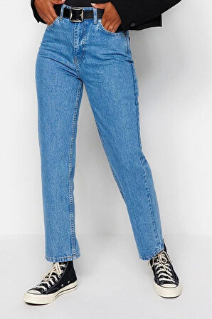 Kadın Moda Şık Kot Pantolon Geniş Paça Uzun Boy Denim Yüksek Bel Straight Jeans