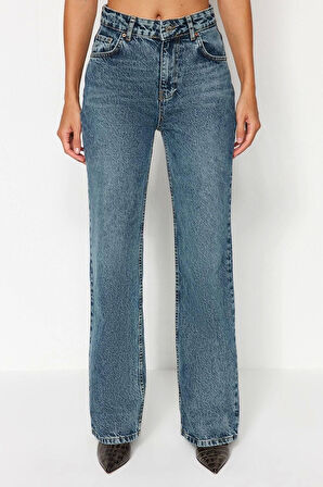 Kadın Moda Şık Kot Pantolon Geniş Paça Uzun Boy Denim Soluk Vintage Yüksek Bel Jeans
