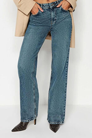 Kadın Moda Şık Kot Pantolon Geniş Paça Uzun Boy Denim Soluk Vintage Yüksek Bel Jeans