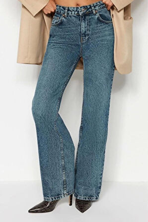 Kadın Moda Şık Kot Pantolon Geniş Paça Uzun Boy Denim Soluk Vintage Yüksek Bel Jeans