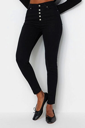 Kadın Moda Şık Kot Pantolon Dar Paça Regular Boy Denim Solmayan Düğmeli Yüksek Bel Skinny Jeans