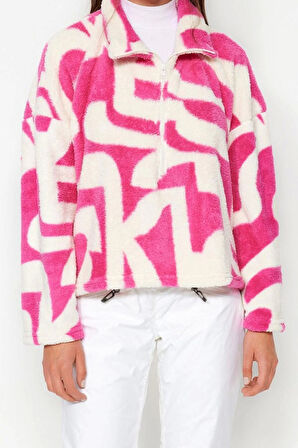 Kadın Fermuarlı Yaka Standart Kol Kalın Polar Desenli Fermuarlı Uzun Kol Örme Sweatshirt
