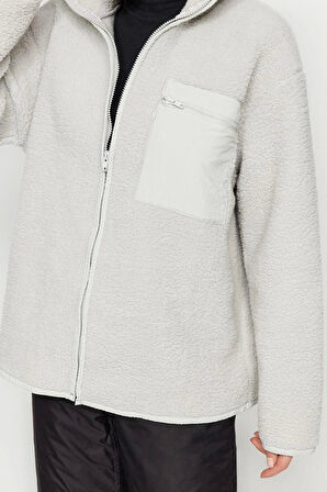 Kadın Moda Şık Oversize Dik Yaka Standart Kol Uzun Kalın Polar Fermuarlı Cepli Örme Sweatshirt