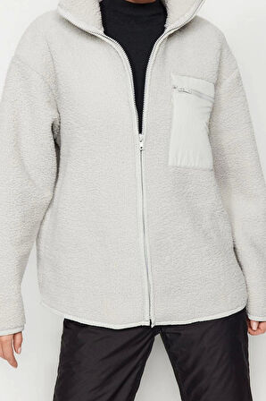 Kadın Moda Şık Oversize Dik Yaka Standart Kol Uzun Kalın Polar Fermuarlı Cepli Örme Sweatshirt