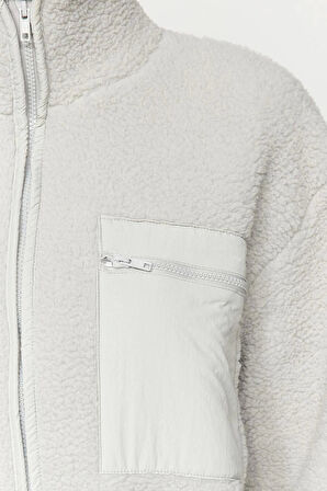 Kadın Moda Şık Oversize Dik Yaka Standart Kol Uzun Kalın Polar Fermuarlı Cepli Örme Sweatshirt