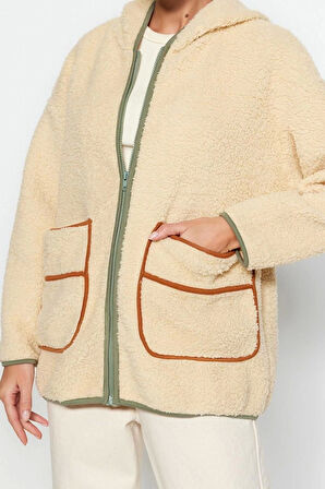 Kadın Relaxed Kapüşonlu Standart Kol Uzun Kalın Polar Kontrast Biyeli Rahat Kalıp Örme Sweatshirt