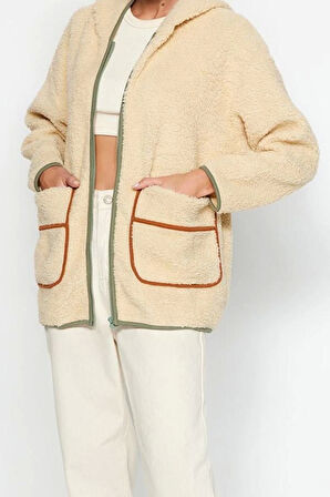 Kadın Relaxed Kapüşonlu Standart Kol Uzun Kalın Polar Kontrast Biyeli Rahat Kalıp Örme Sweatshirt