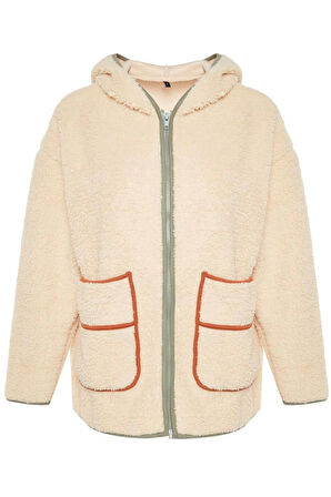 Kadın Relaxed Kapüşonlu Standart Kol Uzun Kalın Polar Kontrast Biyeli Rahat Kalıp Örme Sweatshirt