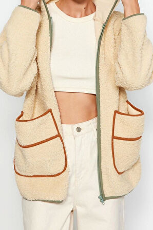 Kadın Relaxed Kapüşonlu Standart Kol Uzun Kalın Polar Kontrast Biyeli Rahat Kalıp Örme Sweatshirt