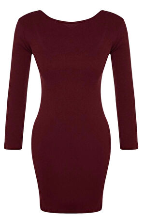 Kadın Moda Mini Boy Bisiklet Yaka Slim Fitilli Sırt Detaylı Fitted Vücuda Oturan Esnek Örme Elbise
