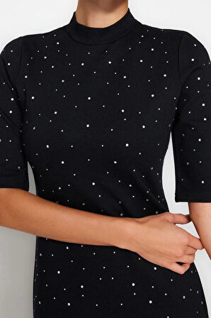 Yeni Slim Business İnterlok Örme Bisiklet Yaka Kısa Kol Bodycone Mini Boy Elbise