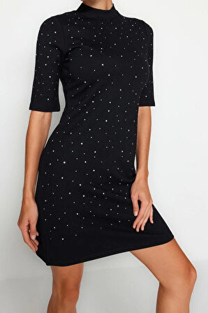 Yeni Slim Business İnterlok Örme Bisiklet Yaka Kısa Kol Bodycone Mini Boy Elbise