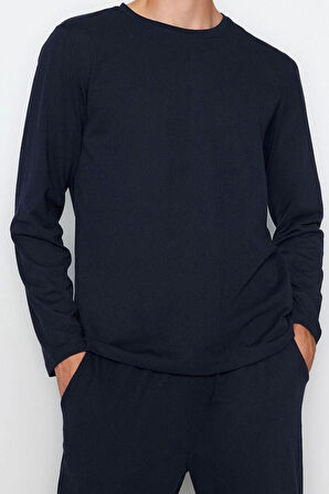 Erkek Polyester Bisiklet Yaka Uzun Kol Regular Fit Örme Pijama Takımı