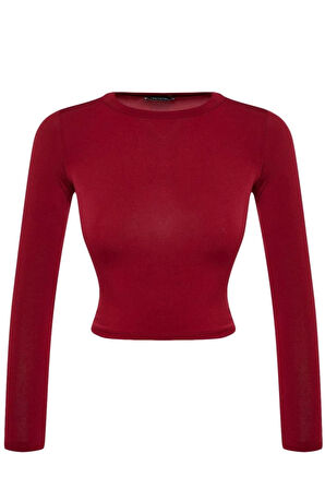 Kadın Moda Şık Crop Dik Yaka Slim Kalıp Örme Kolu Büzgü Detaylı Fitted Vücuda Oturan Esnek Bluz