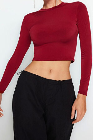 Kadın Moda Şık Crop Dik Yaka Slim Kalıp Örme Kolu Büzgü Detaylı Fitted Vücuda Oturan Esnek Bluz