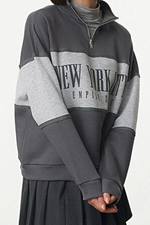 Kadın Moda Regular Fermuarlı Yaka Düşük Kol Regular Basic Baskılı Kalın İçi Polarlı Örme Sweatshirt