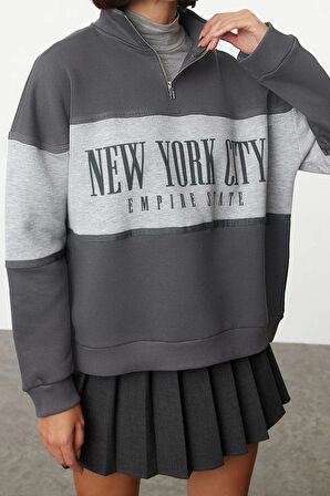 Kadın Moda Regular Fermuarlı Yaka Düşük Kol Regular Basic Baskılı Kalın İçi Polarlı Örme Sweatshirt