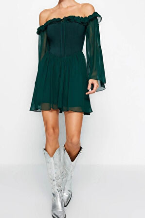 Yeni Regular Mezuniyet Balo Şifon Dokuma Carmen Yaka Uzun Kol Skater Mini Boy Elbise