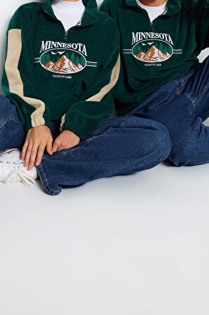 Unisex Moda Şık Oversize Dik Yaka Standart Kol Standart Geniş Kesim Fermuarlı Polar Sweatshirt