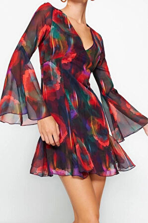 Kadın Moda Şık Midi Boy V Yaka Fitted A-Kesim Astarlı Şifon Şık Abiye Elbise