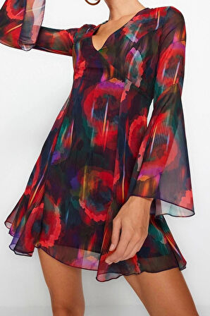 Kadın Moda Şık Midi Boy V Yaka Fitted A-Kesim Astarlı Şifon Şık Abiye Elbise