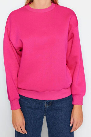 Kadın Regular Bisiklet Yaka Düşük Kol Regular Kalın İçi Polarlı Normal Kalıp Basic Örme Sweatshirt