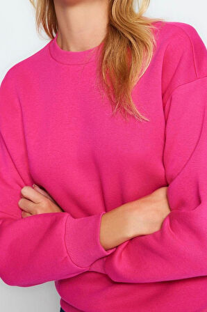 Kadın Regular Bisiklet Yaka Düşük Kol Regular Kalın İçi Polarlı Normal Kalıp Basic Örme Sweatshirt