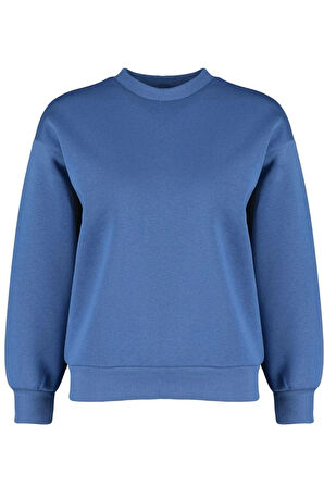 Kadın Regular Bisiklet Yaka Düşük Kol Regular Kalın İçi Polarlı Normal Kalıp Basic Örme Sweatshirt