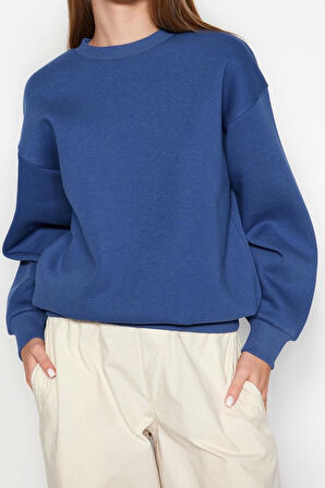 Kadın Regular Bisiklet Yaka Düşük Kol Regular Kalın İçi Polarlı Normal Kalıp Basic Örme Sweatshirt