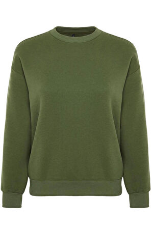 Kadın Regular Bisiklet Yaka Düşük Kol Regular Kalın İçi Polarlı Normal Kalıp Basic Örme Sweatshirt