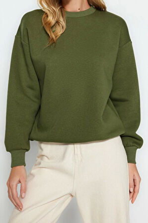 Kadın Regular Bisiklet Yaka Düşük Kol Regular Kalın İçi Polarlı Normal Kalıp Basic Örme Sweatshirt