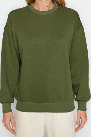 Kadın Regular Bisiklet Yaka Düşük Kol Regular Kalın İçi Polarlı Normal Kalıp Basic Örme Sweatshirt