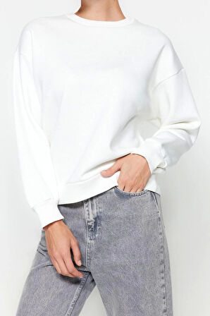 Kadın Regular Bisiklet Yaka Düşük Kol Regular Kalın İçi Polarlı Normal Kalıp Basic Örme Sweatshirt