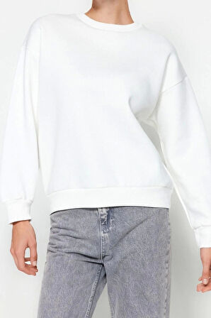 Kadın Regular Bisiklet Yaka Düşük Kol Regular Kalın İçi Polarlı Normal Kalıp Basic Örme Sweatshirt