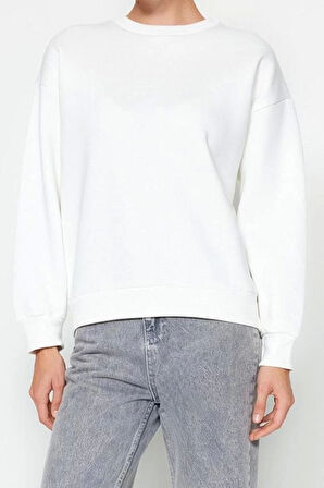 Kadın Regular Bisiklet Yaka Düşük Kol Regular Kalın İçi Polarlı Normal Kalıp Basic Örme Sweatshirt