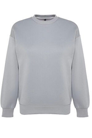 Kadın Regular Bisiklet Yaka Düşük Kol Regular Kalın İçi Polarlı Normal Kalıp Basic Örme Sweatshirt