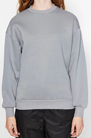 Kadın Regular Bisiklet Yaka Düşük Kol Regular Kalın İçi Polarlı Normal Kalıp Basic Örme Sweatshirt