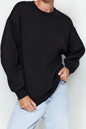 Kadın Regular Bisiklet Yaka Düşük Kol Regular Kalın İçi Polarlı Normal Kalıp Basic Örme Sweatshirt