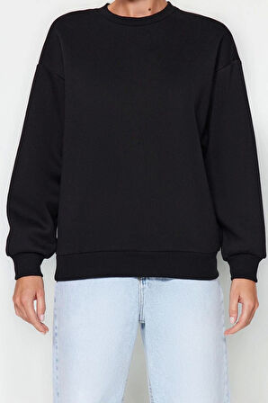 Kadın Regular Bisiklet Yaka Düşük Kol Regular Kalın İçi Polarlı Normal Kalıp Basic Örme Sweatshirt