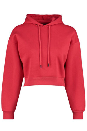 Kadın Moda Relaxed Kapüşonlu Düşük Kol Crop Kalın İçi Polarlı Rahat Kesim Crop Basic Örme Sweatshirt